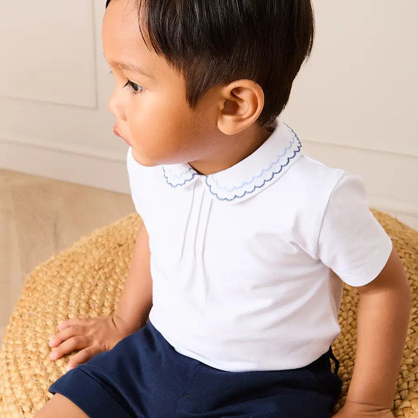 Scallop Embroidered Peter Pan Collar Pleated Top in White (12mths-6yrs)