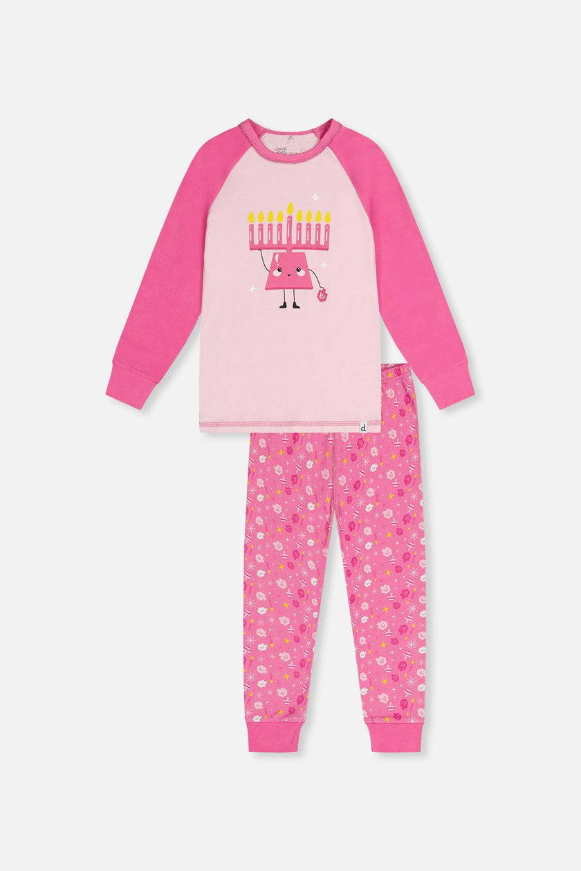 Organic Cotton Two Piece Pajama Set Pink Hanukkah Print
