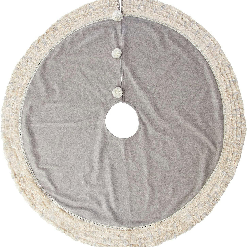 Handmade Gray Fringe Border Wool Christmas Tree Skirt 60" Arcadia Home