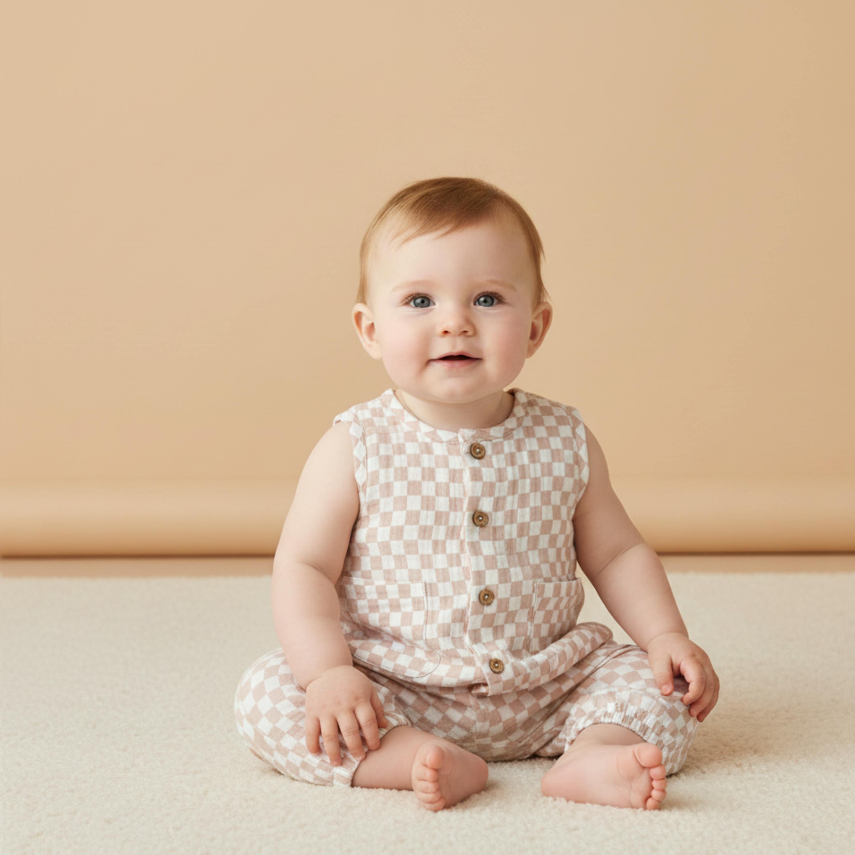 Organic Buttoned Jumpsuit - Brick Checks