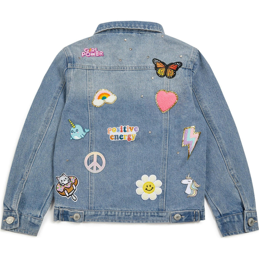 Jeweled Patched Denim Jacket, Blue