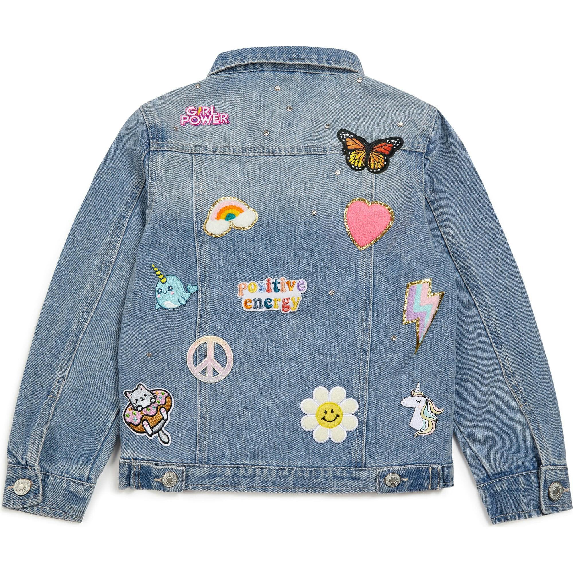Jeweled Patched Denim Jacket, Blue