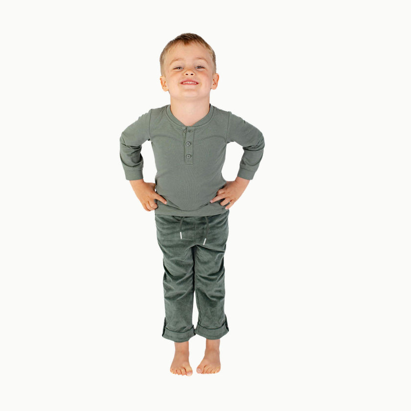 Boys' Long Sleeve Henley in Dark Green