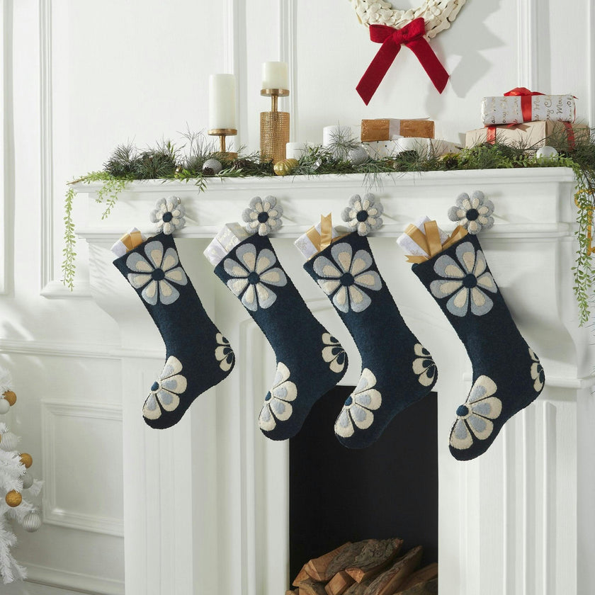 Hand Felted Wool Christmas Stocking - Flower Power Blue