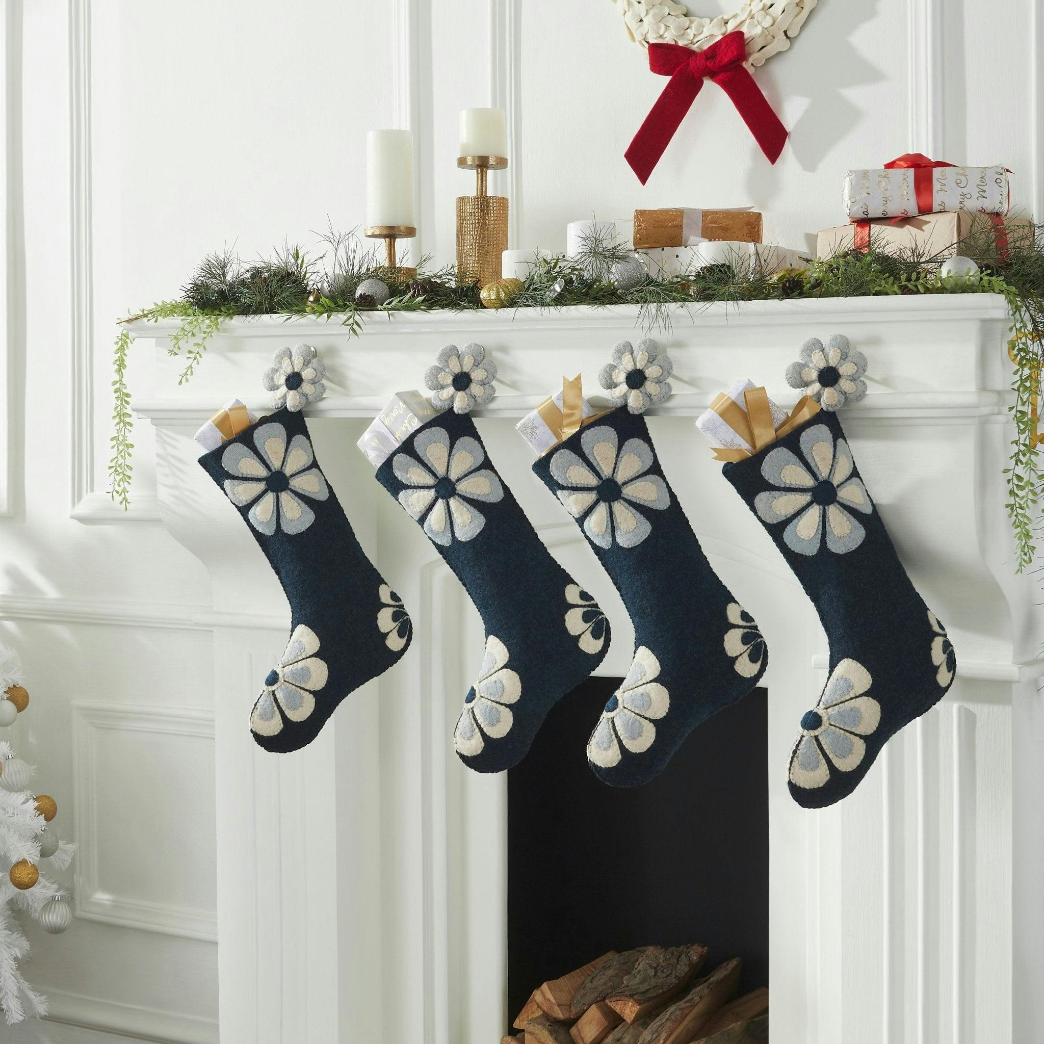 Hand Felted Wool Christmas Stocking - Flower Power Blue Arcadia Home