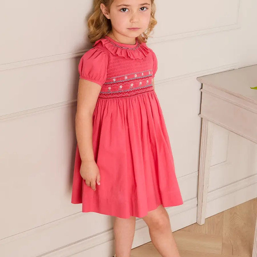 Hand Smocked Flower Embroidered Dress in Strawberry (12mths- 10yrs)