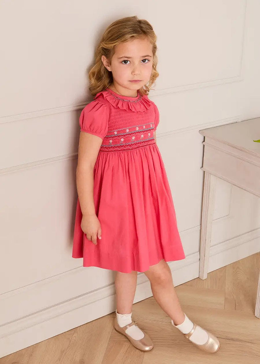 Hand Smocked Flower Embroidered Dress in Strawberry (12mths- 10yrs)