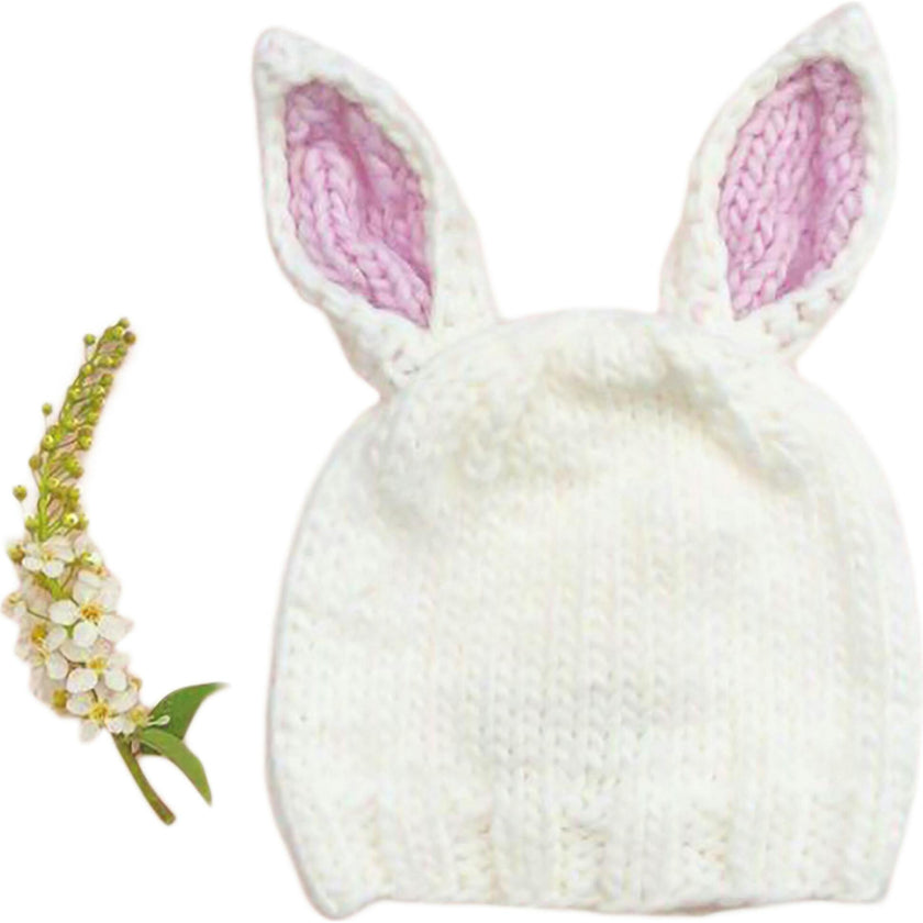 Bailey Bunny Hand-Knit Hat, White with Pink Ears
