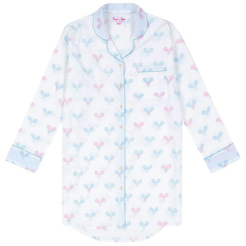Women's Tennis Bows Night Shirt - Blue Pink Organic Cotton Poplin