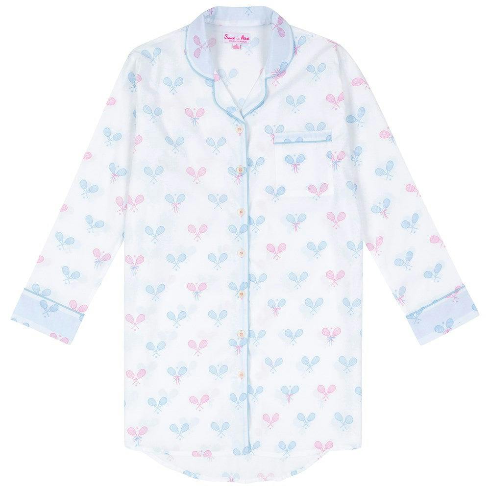 Women's Tennis Bows Night Shirt - Blue Pink Organic Cotton Poplin