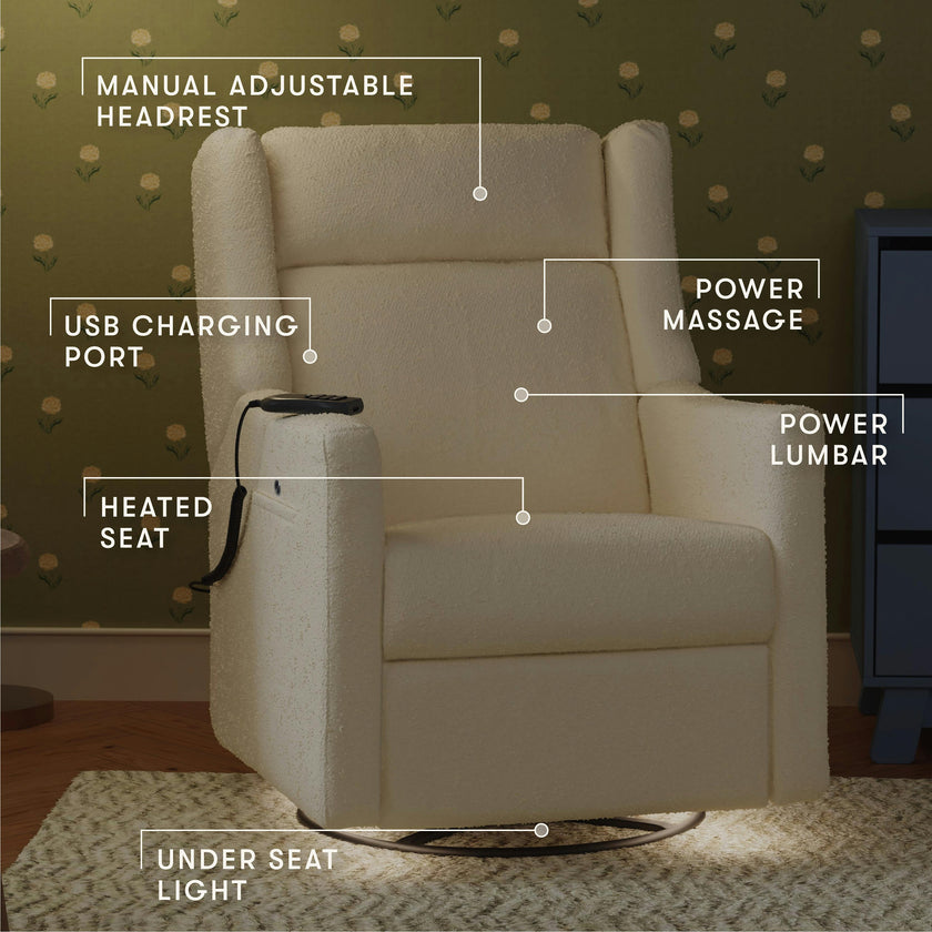 Kiwi Deluxe Power Recliner and Swivel Glider with Heat and Massage in Performance Ivory Boucle