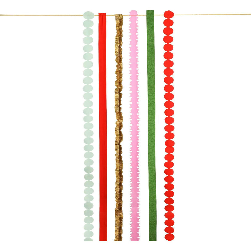 Packed Party Holiday Hues Crepe Paper Streamer Backdrop Kit - 6 Colors of 72-Inch Crepe Paper Rolls with 60-Inch Gold Satin Ribbon for Holiday Photo Walls