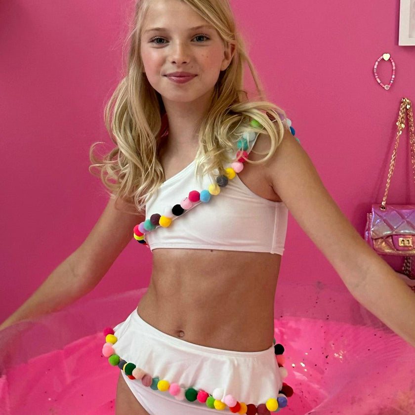 Rainbow Pompom One Shoulder Sleeveless Bikini