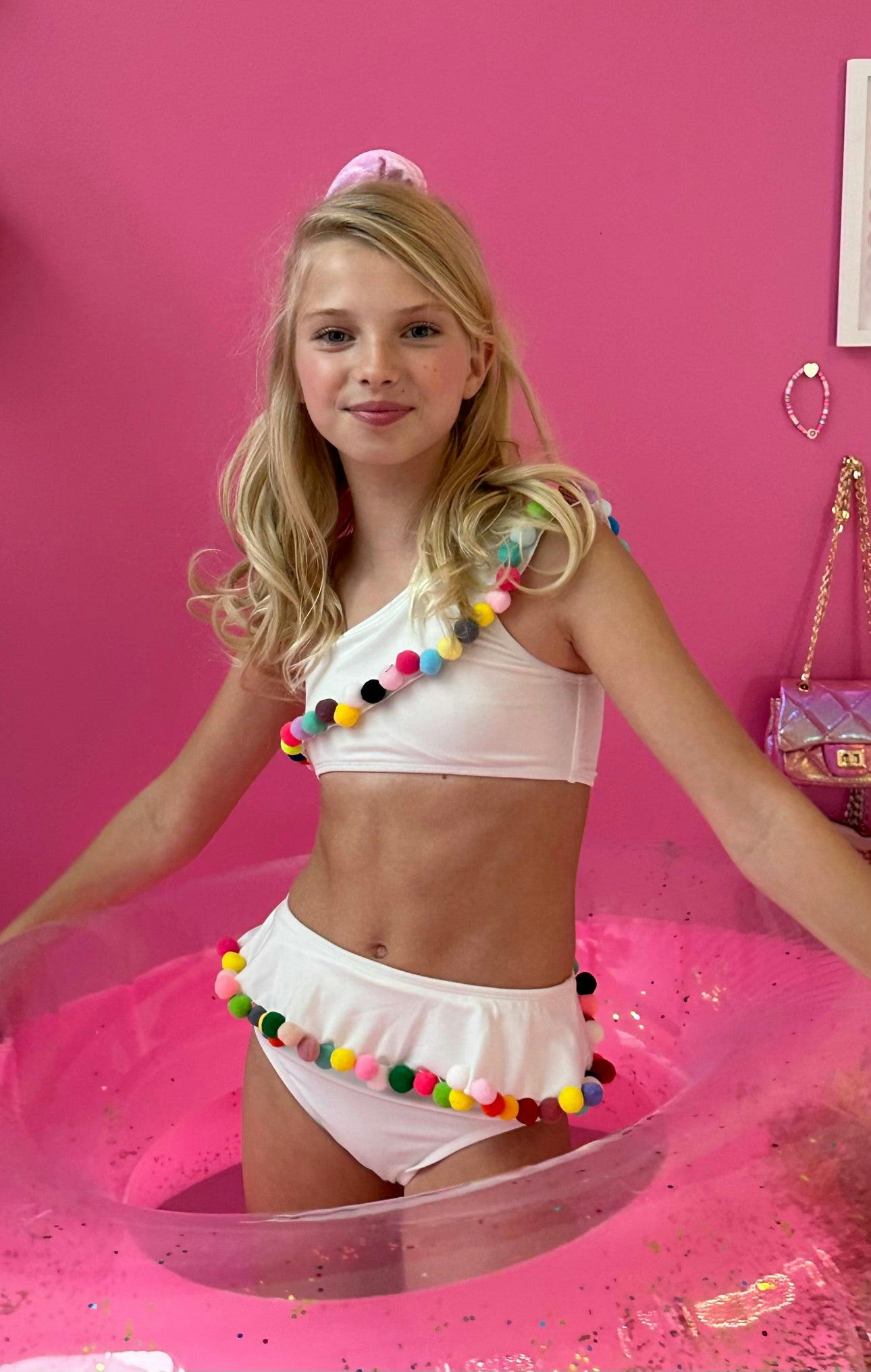 Rainbow Pompom One Shoulder Sleeveless Bikini