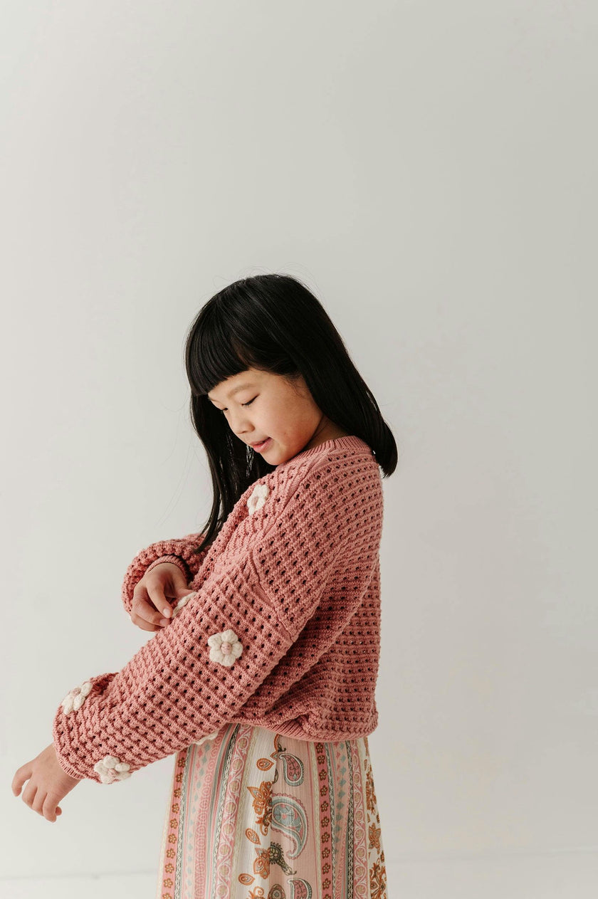 Girls Open Weave Long Sleeve Sweater in Terra Rose