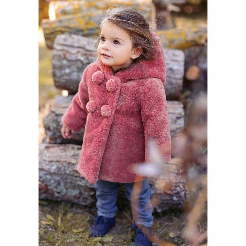 TARTINE ET CHOCOLAT Faux Fur Hooded Baby Coat, Dusty Pink