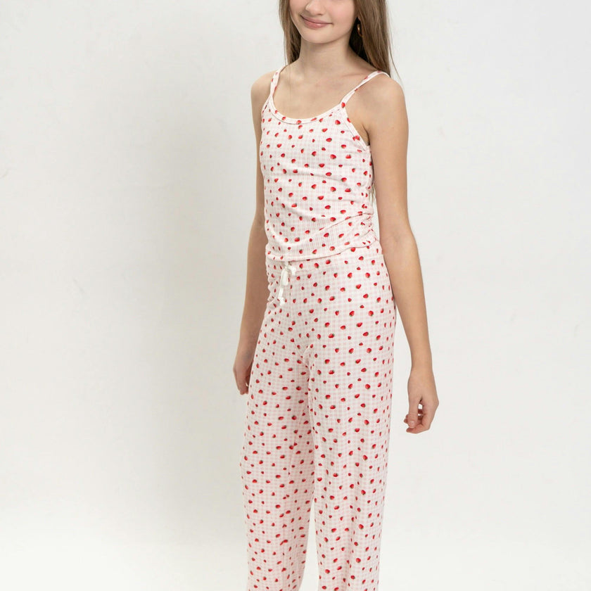 Girls Strawberry Print Short Sleeve Top and Pants Set