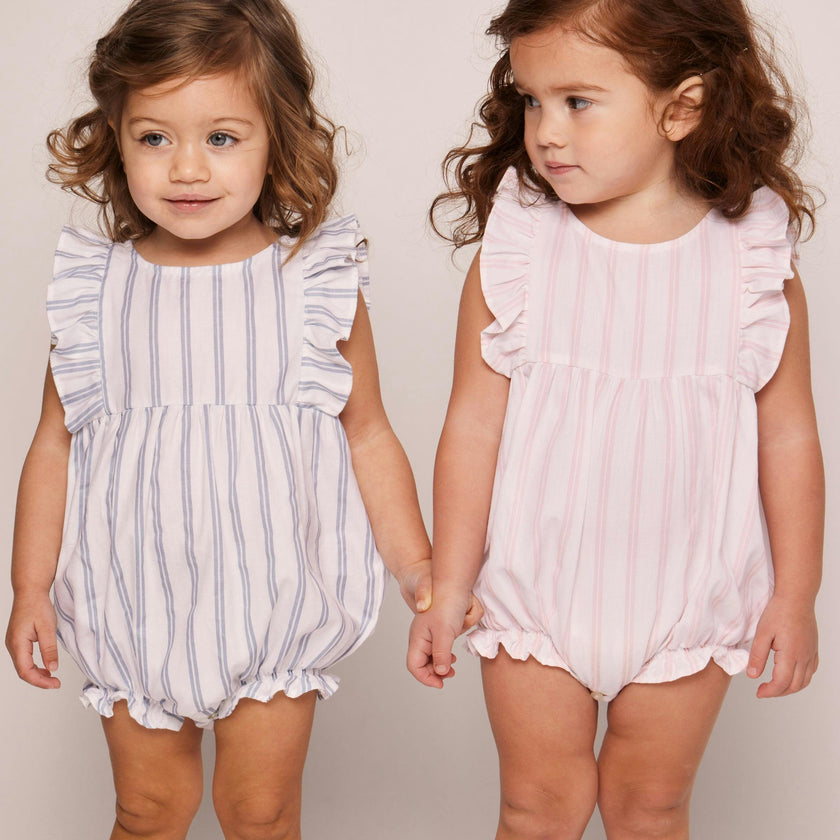 Baby's Twill Stripe Ruffled Romper in Pink and White Stripe