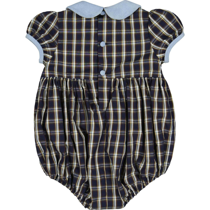 Angelica Navy Tartan Short Sleeve Smocked Bubble