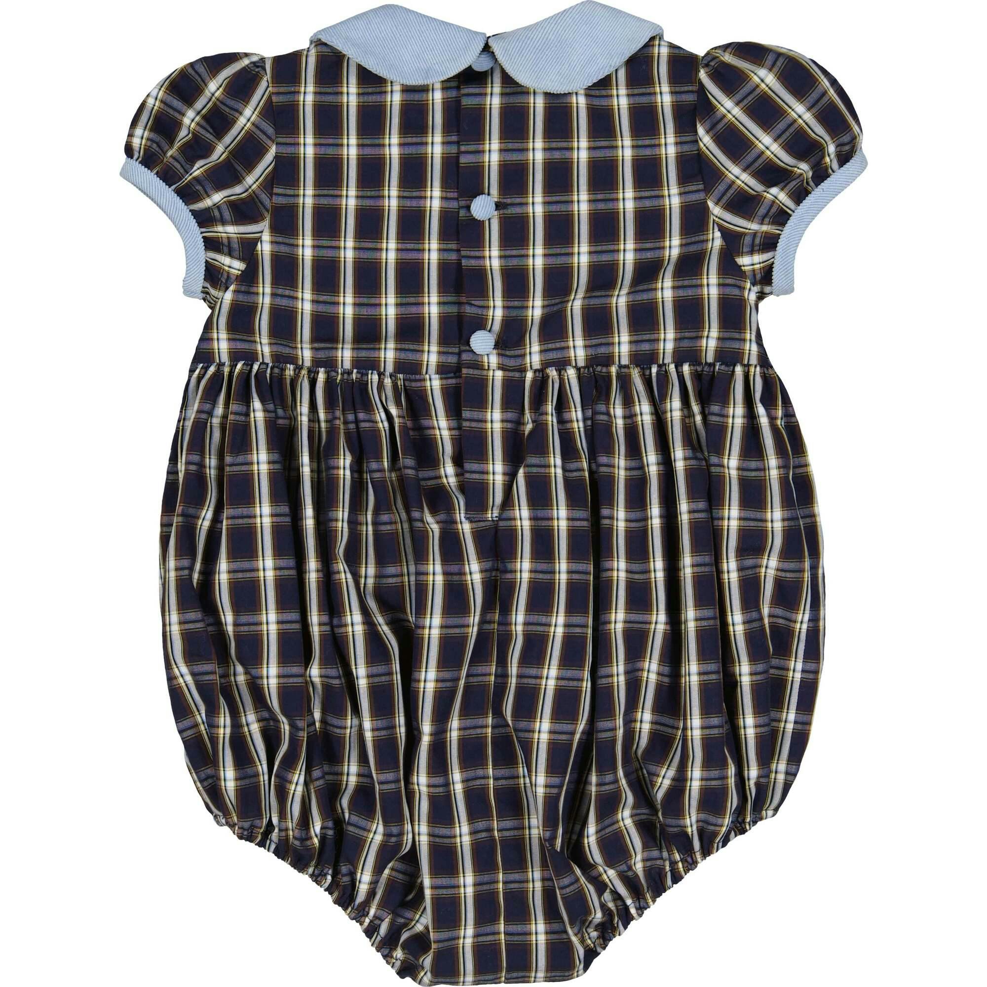Angelica Navy Tartan Short Sleeve Smocked Bubble