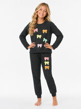 Hacci Sweatpants with Assorted Color Glitter Chenille Bow Patches