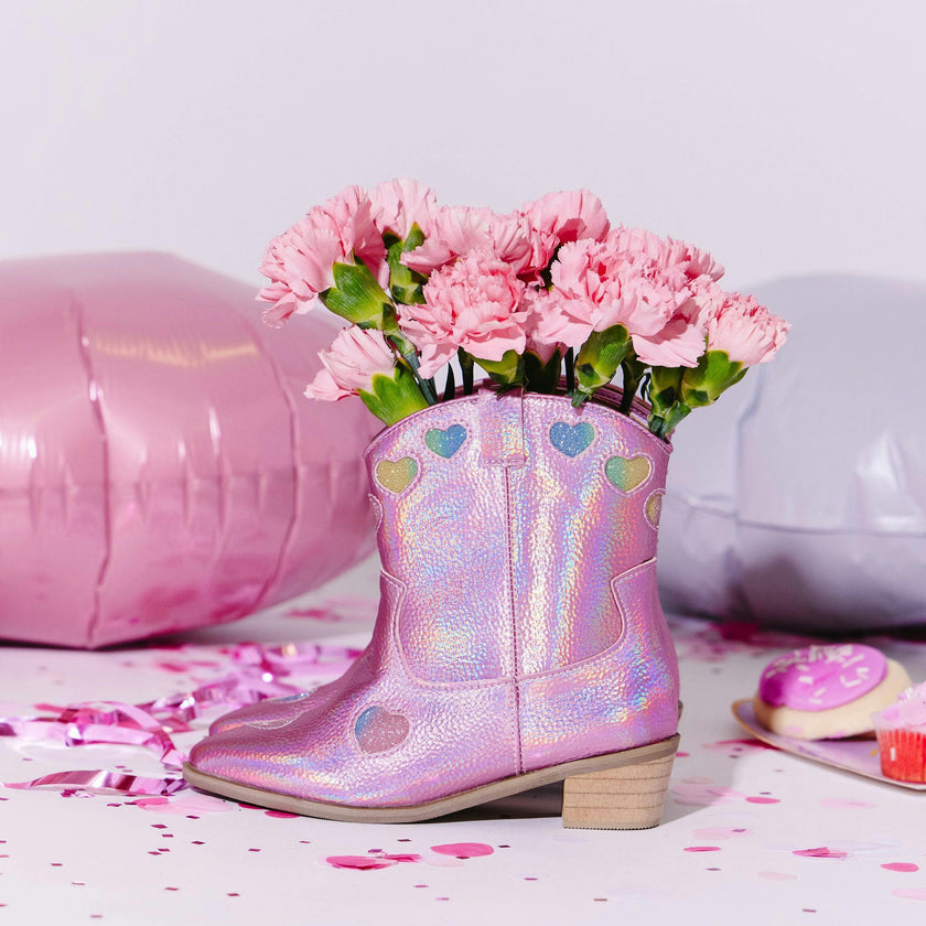 Pink Iridescent Heart Cowgirl Boots