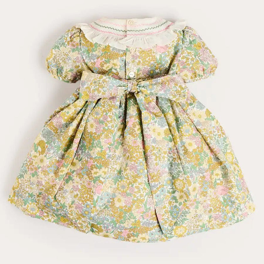 Charlotte Floral Hand Smocked Embroidered Collar Short Sleeve Dress in Green (4-8yrs)
