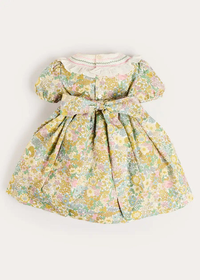 Charlotte Floral Hand Smocked Embroidered Collar Short Sleeve Dress in Green (4-8yrs)