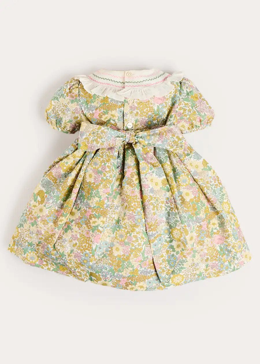 Charlotte Floral Hand Smocked Embroidered Collar Short Sleeve Dress in Green (4-8yrs)