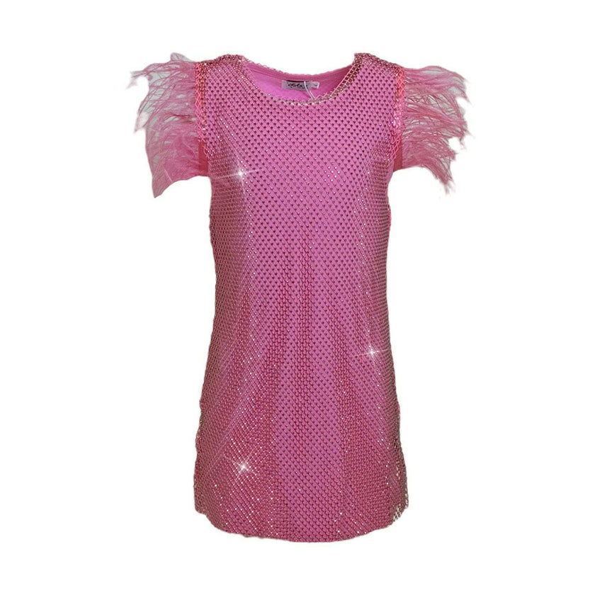 Crystal Feather Trim Sleeve Shimmer Sequin Dress
