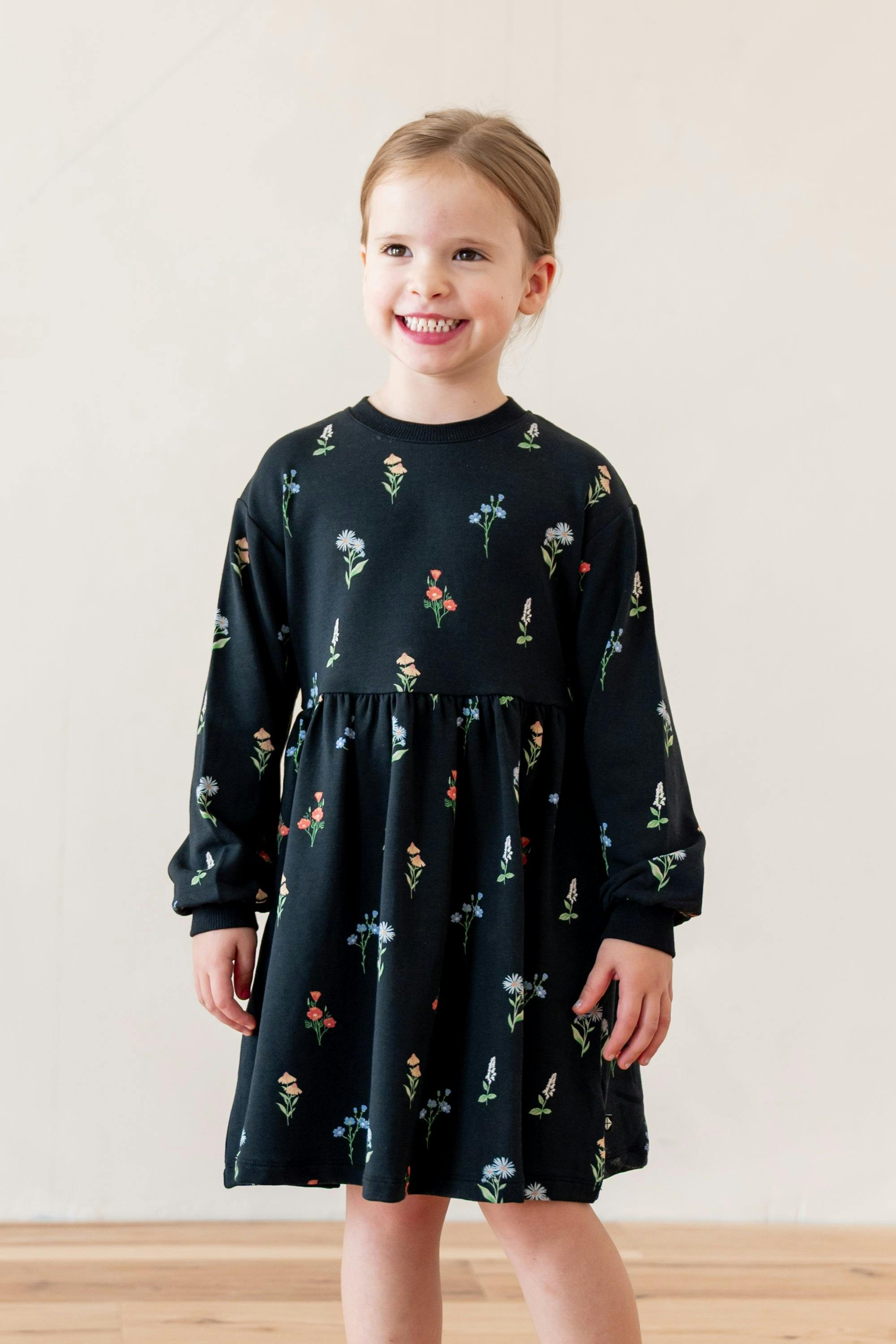Long Sleeve Skater Dress in Midnight Wildflower