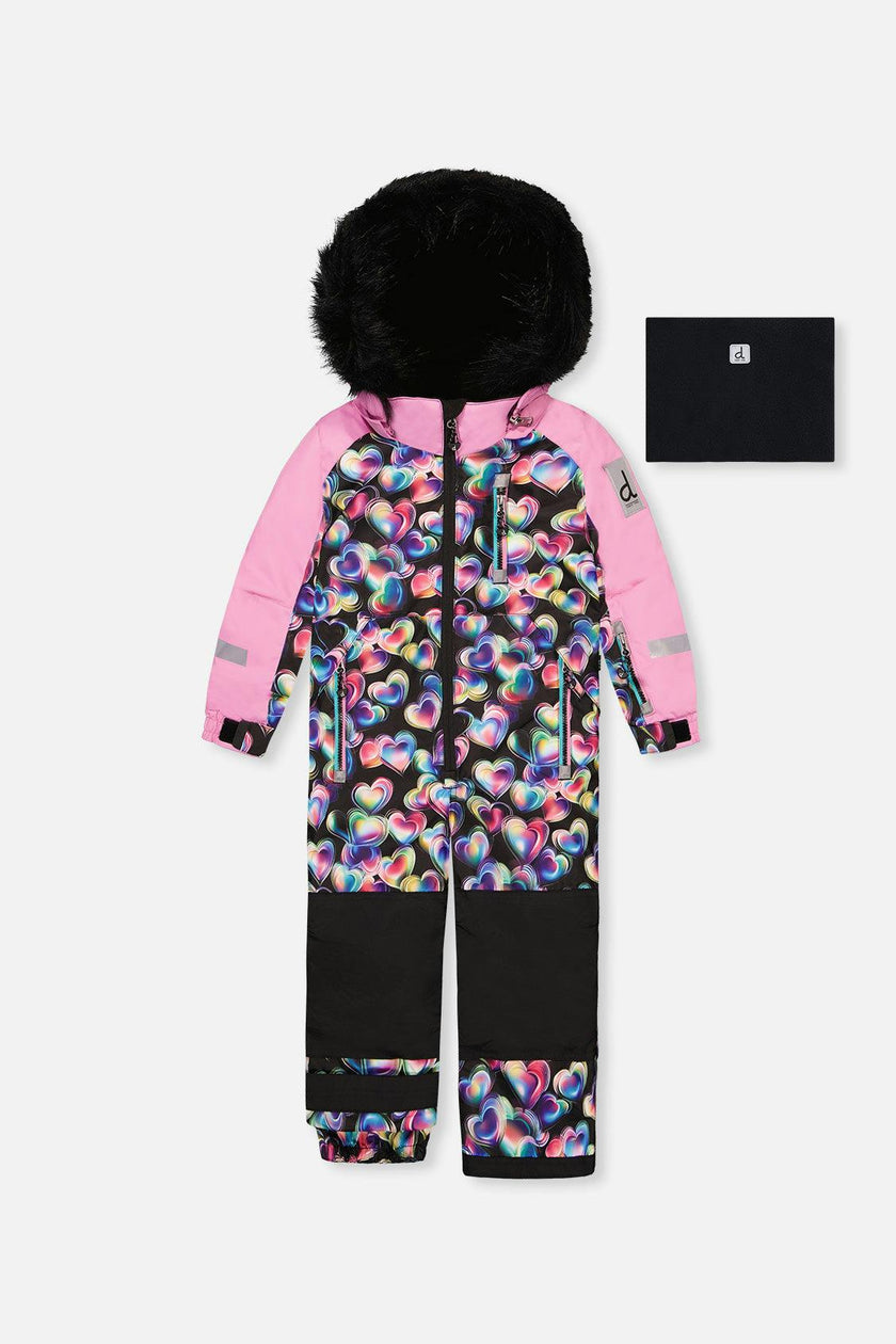 Kids One Piece Play Snowsuit Black Heart Print