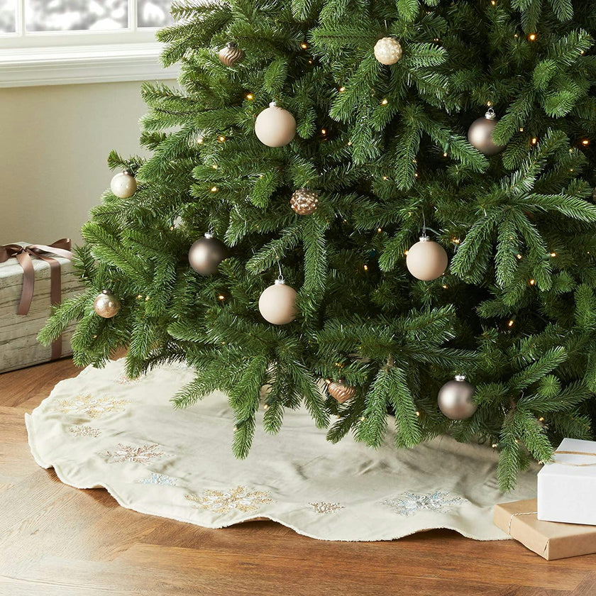 Handmade Pastel Snowflakes Linen Christmas Tree Skirt Natural 60"