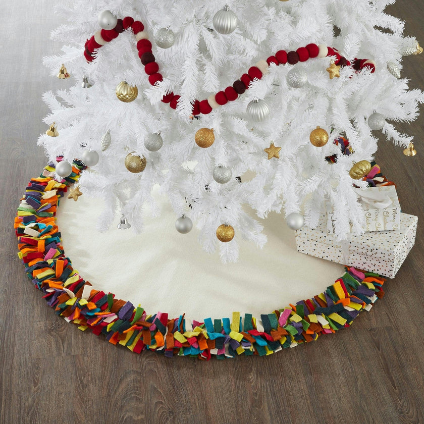 Handmade Felt Multicolor Fringe Border Cream Christmas Tree Skirt - 51" / 72"