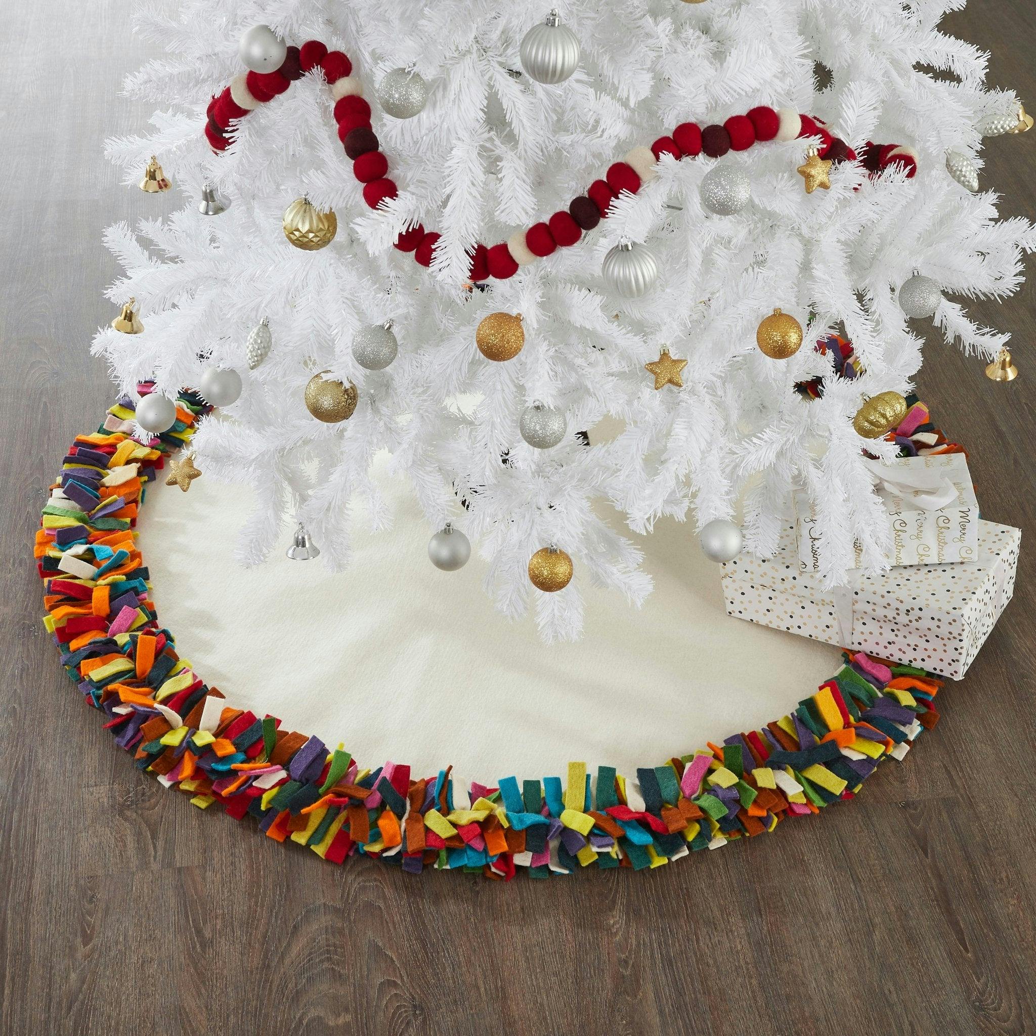 Handmade Felt Multicolor Fringe Border Cream Christmas Tree Skirt Arcadia Home