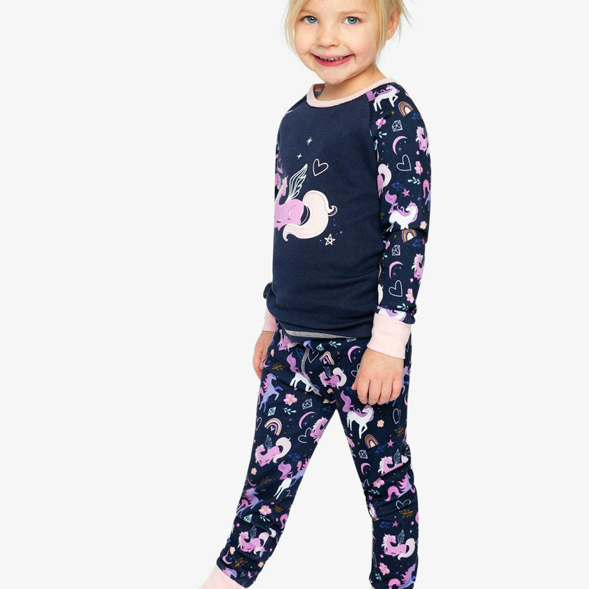 Organic Cotton Two Piece Pajama Set Purple Unicorn Print