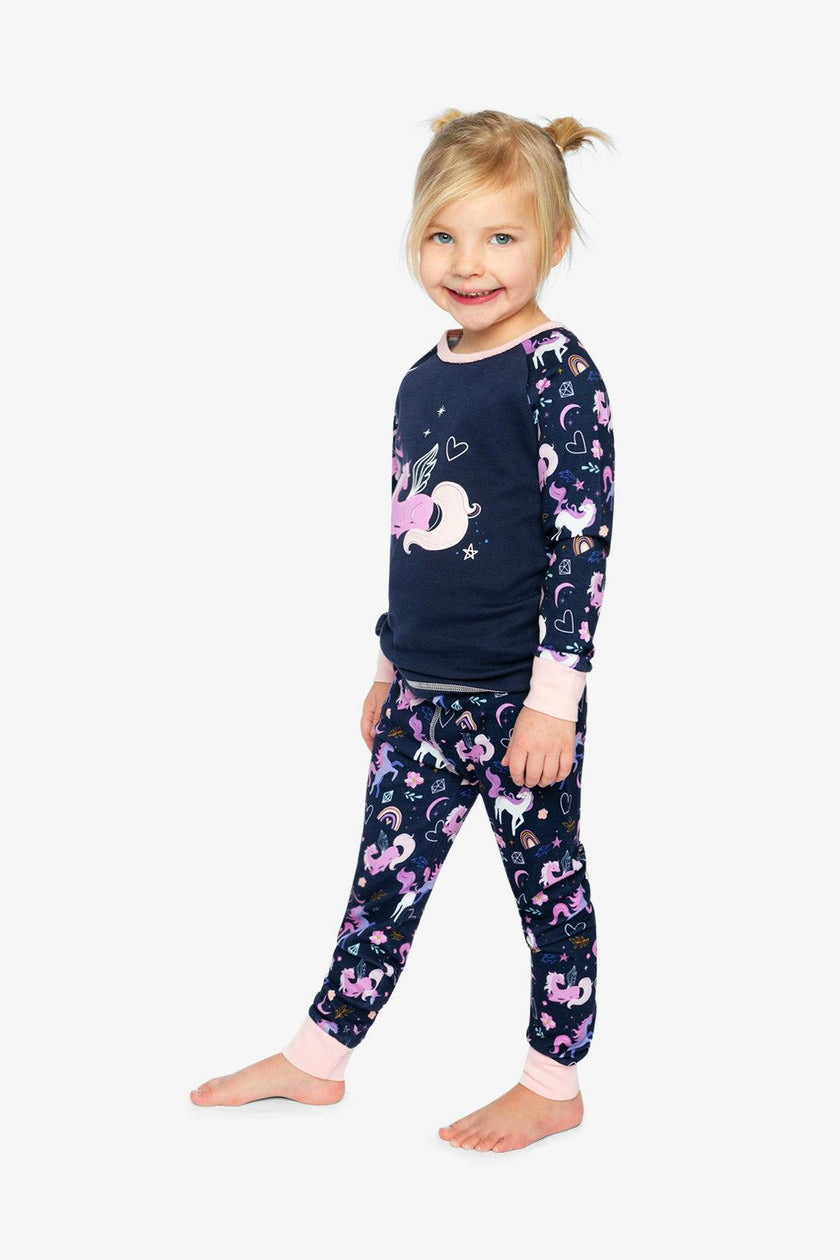 Organic Cotton Two Piece Pajama Set Purple Unicorn Print