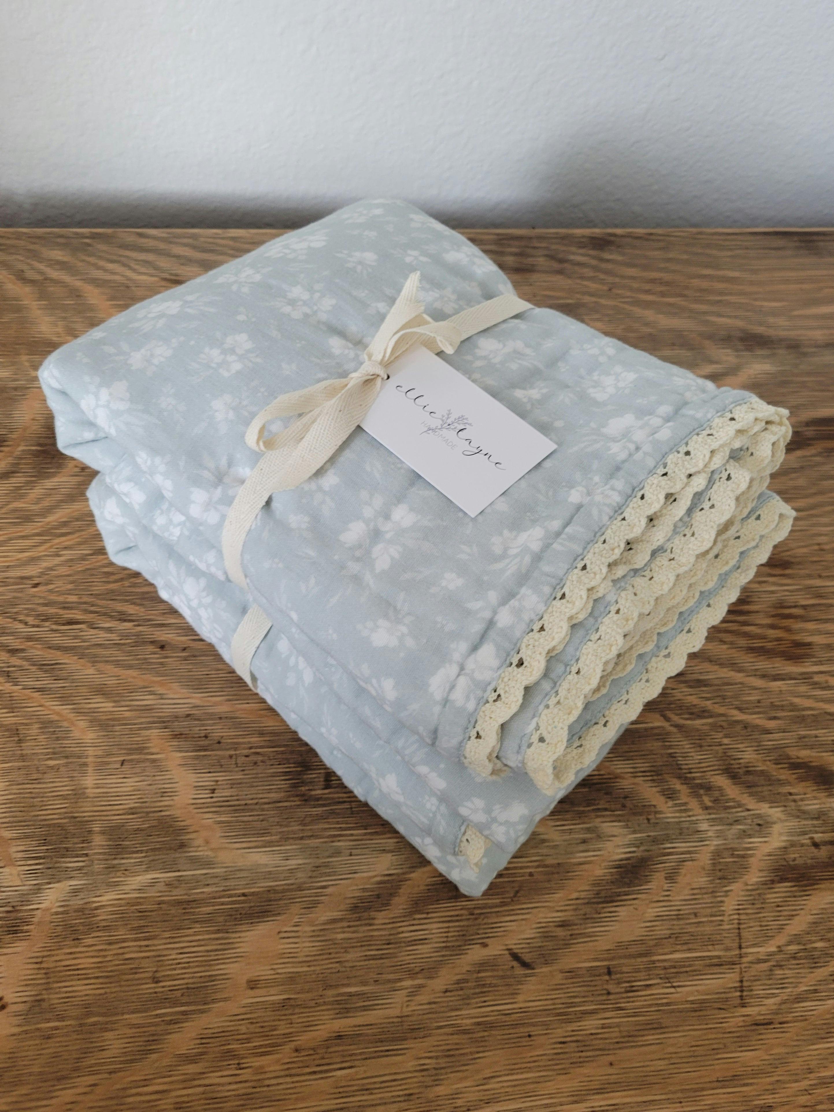Daphne Icy Blue Floral QUILTED 6 Layer Gauze Blanket