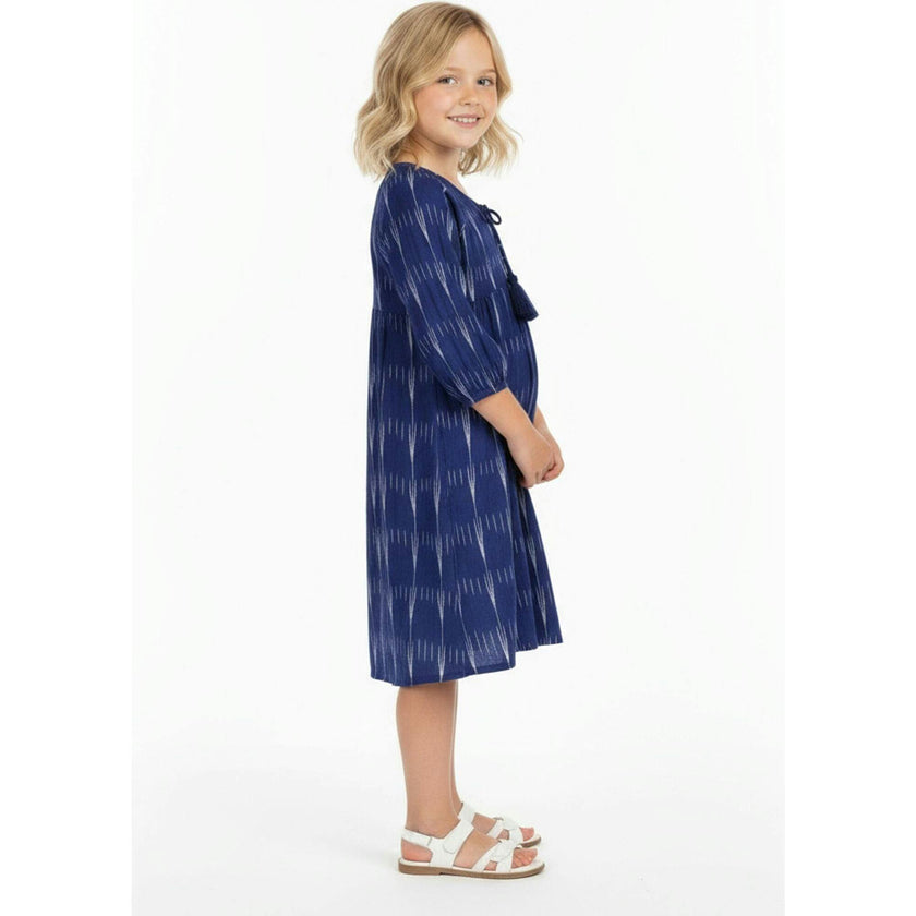 Sara Girl's Popover Dress Indigo Ikat, Blue