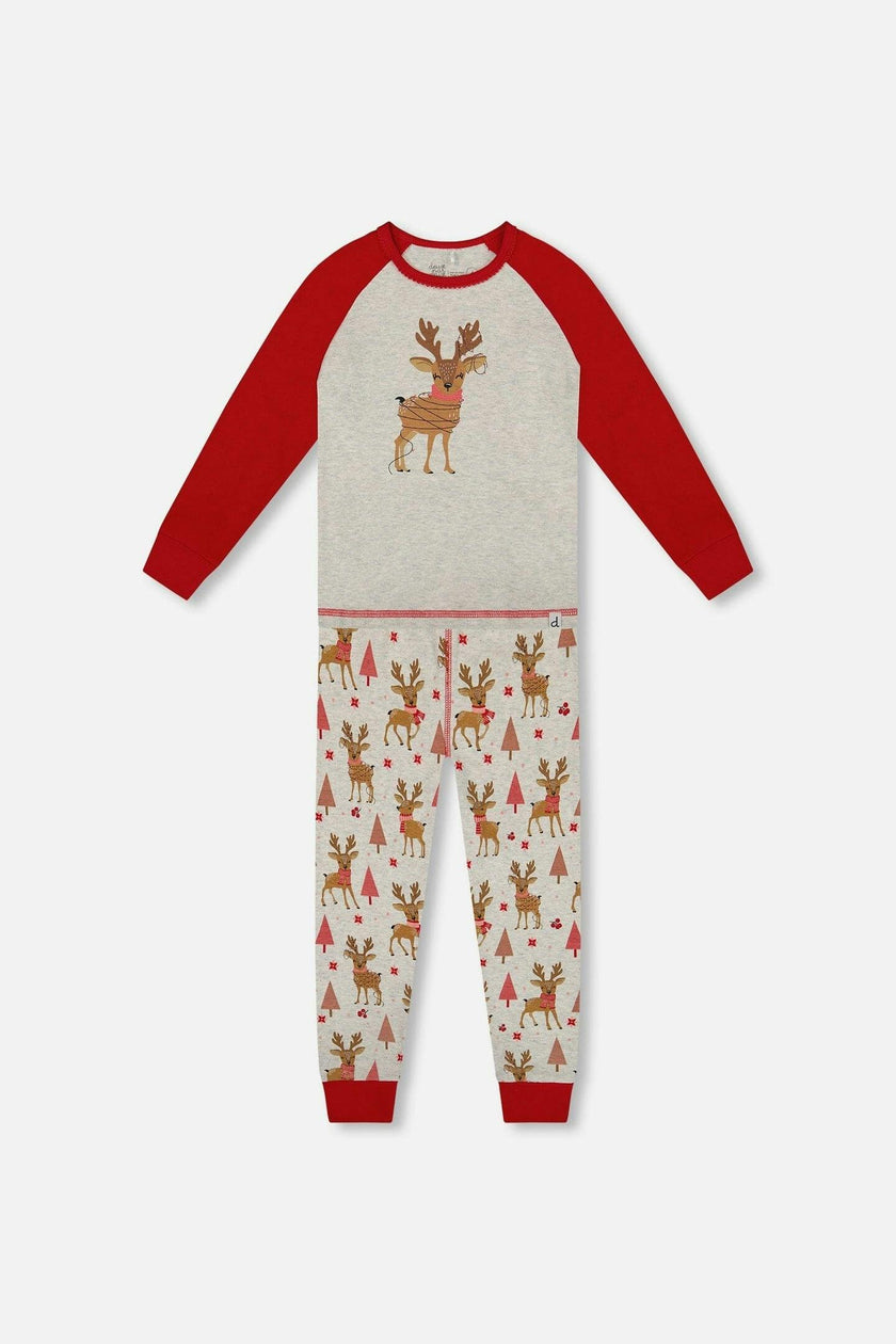 Organic Cotton Two-Piece Pajamas Beige Girly Reindeer Print