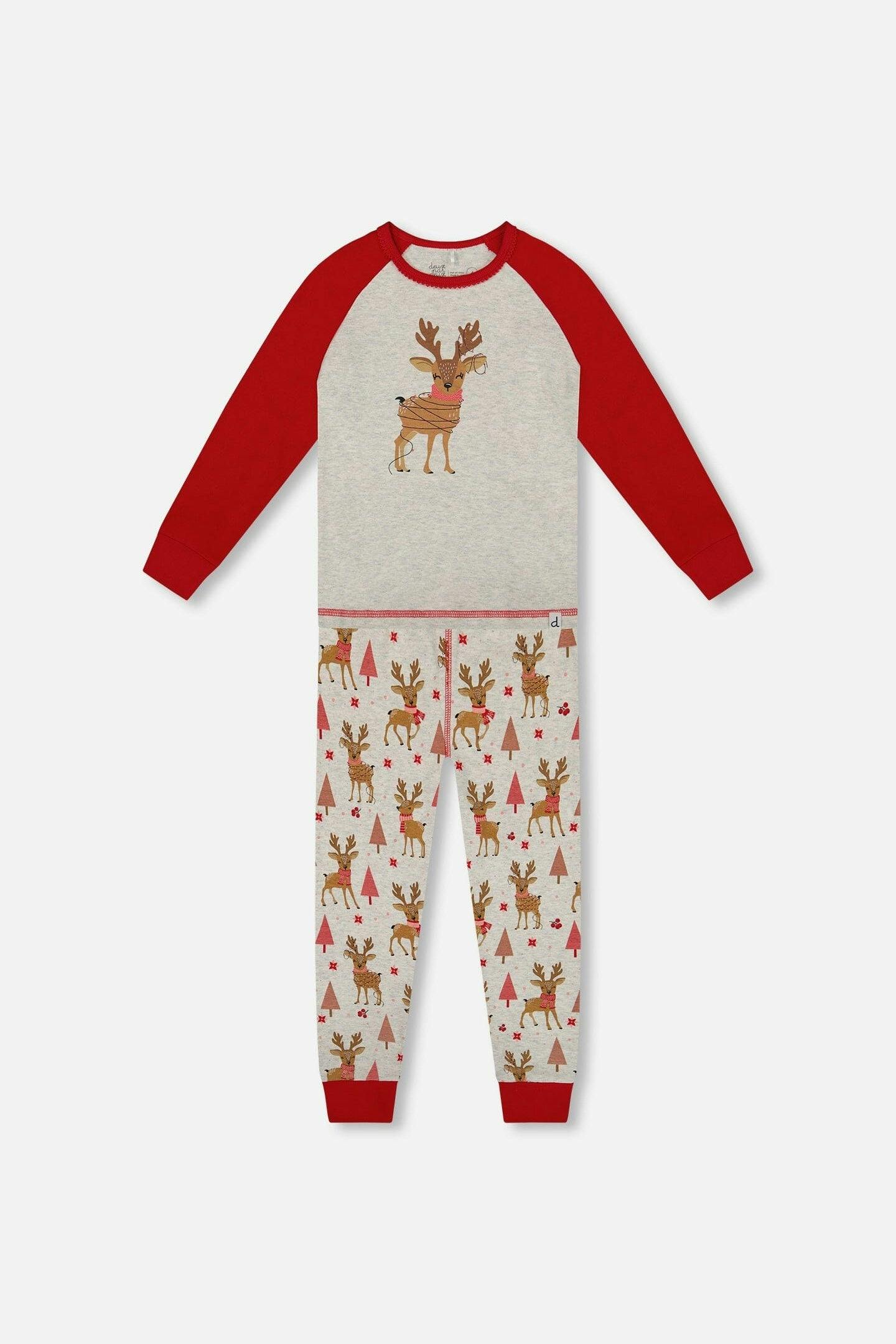 Organic Cotton Two-Piece Pajamas Beige Girly Reindeer Print