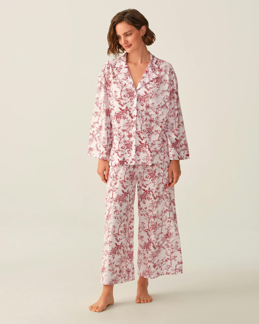 The Olivia Wide Leg Pima Pajama Set in Red Timeless Toile