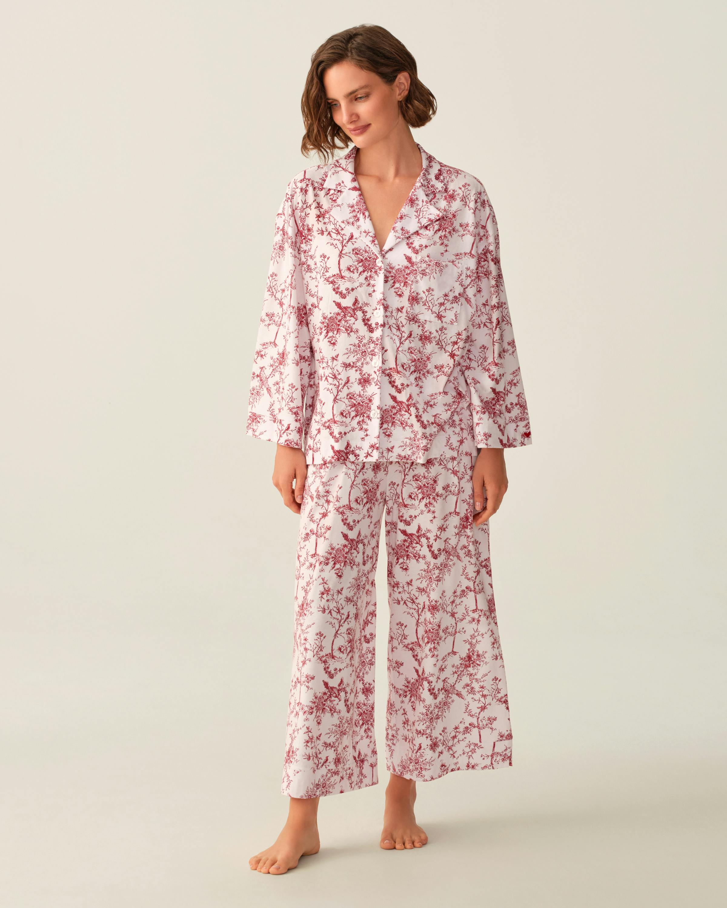 The Olivia Wide Leg Pima Pajama Set in Red Timeless Toile