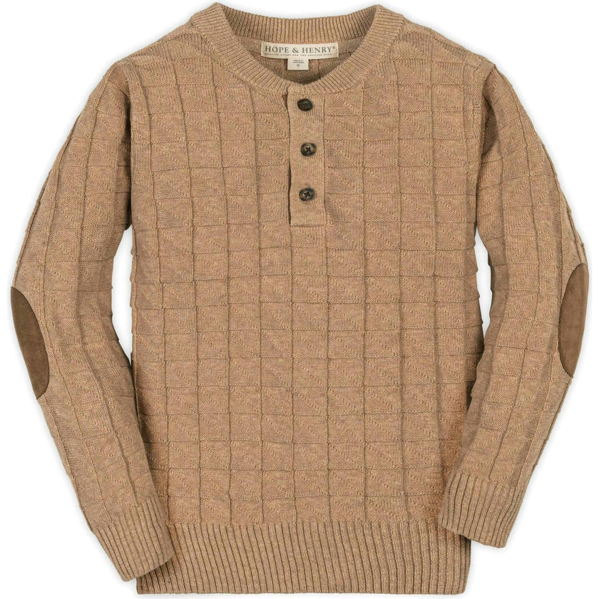 Organic Long Sleeve Henley Pullover Sweater with Elbow Patches, Beige