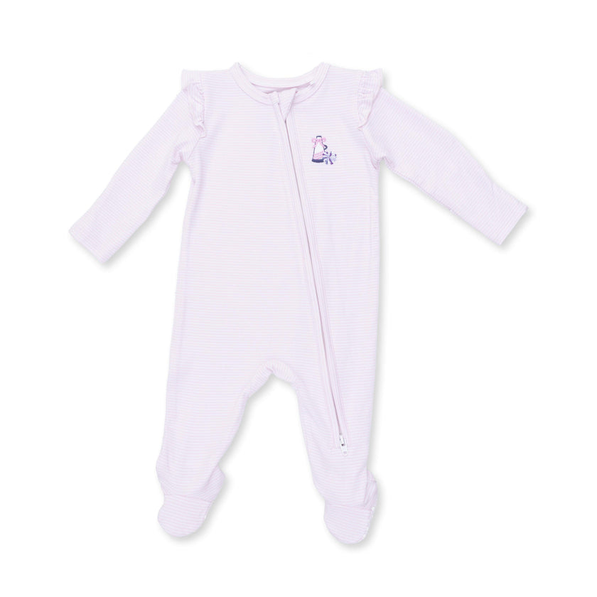 Cheer Pink Micro Stripe - 2 Way Ruffle Sleeve Zipper Footie