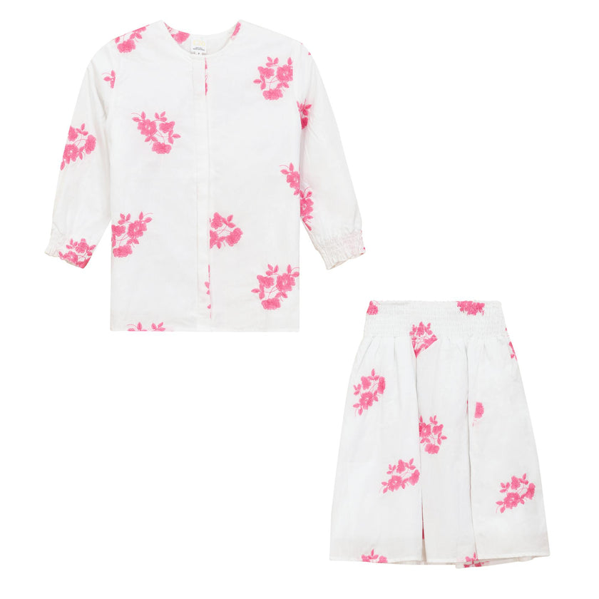 Flower Embroidered Smocked Top and Skirt Two Piece Set