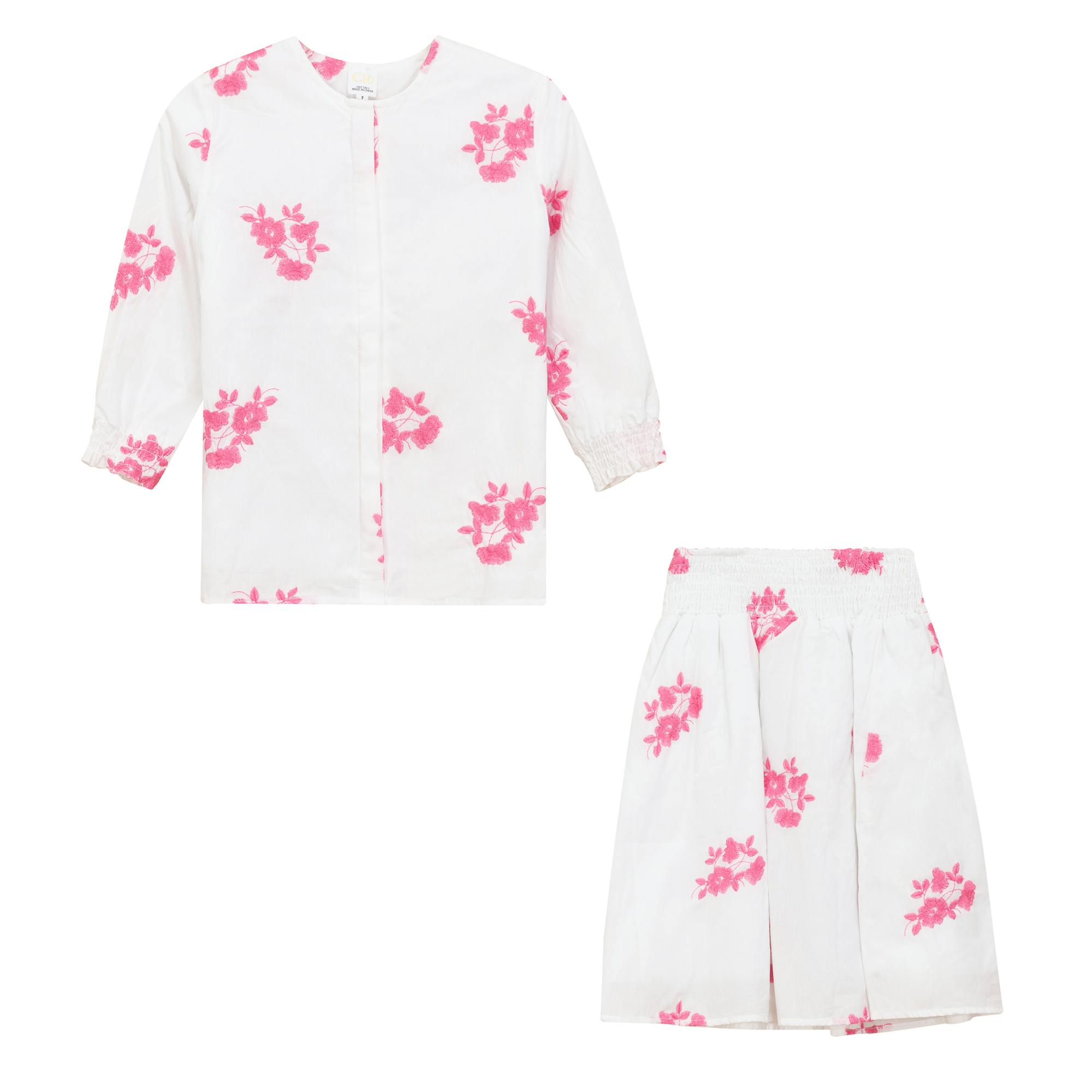Flower Embroidered Smocked Top and Skirt Two Piece Set