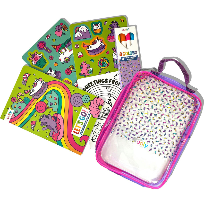 Let's Go! Activity & Coloring Kit - Unicorn Candy Town - Activity Book Markers Postcards Stickers