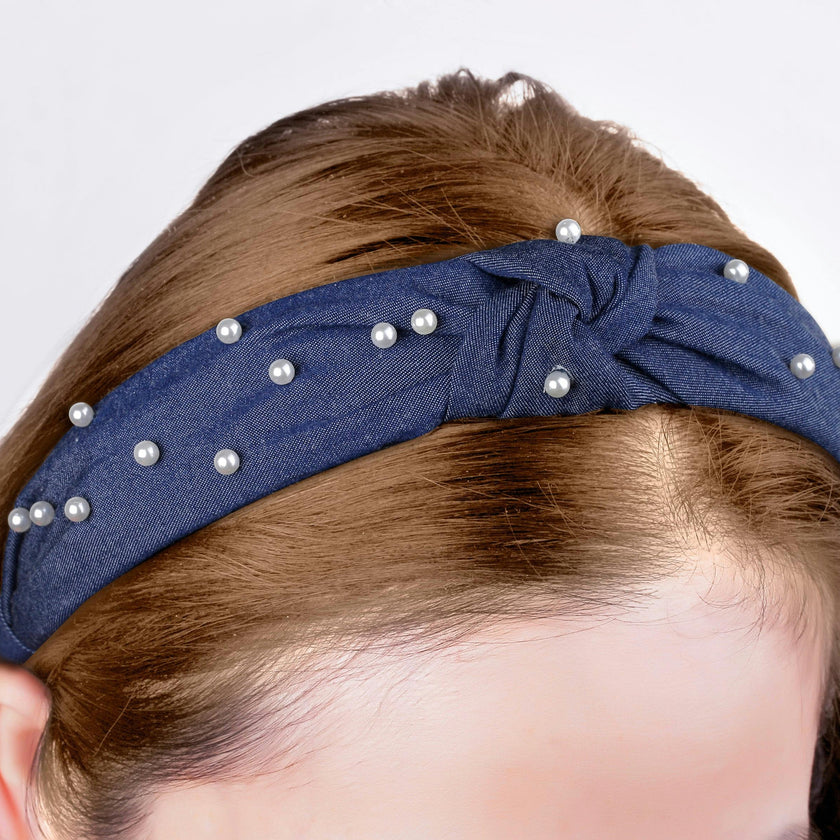Blue Knot Denim Headbandwith Pearls