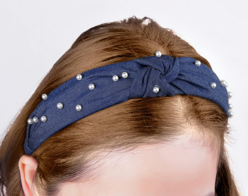 Blue Knot Denim Headbandwith Pearls